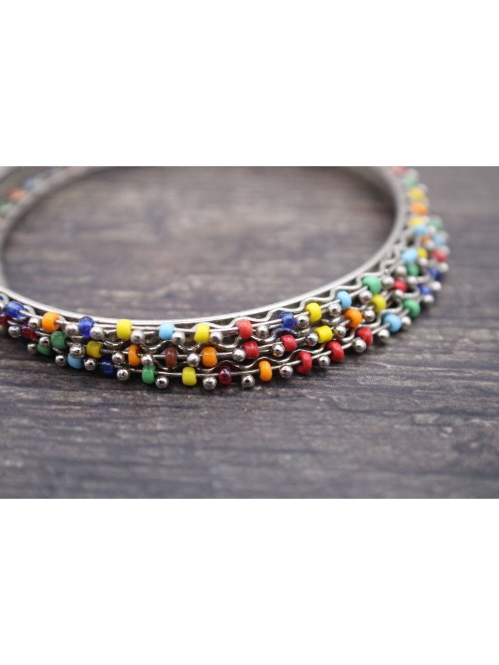 Colorful Beaded Bangles Set Of 3 Silver Wire Base Multicolor Seed Beads Size 8"